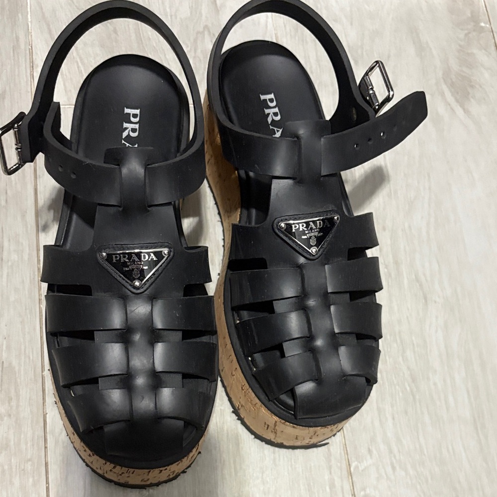 Prada Black Cork Platform Sandals